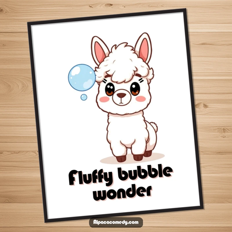 Funny digital art print of a wide-eyed alpaca in a state of pure surprise, captivated by a single, floating soap bubble.