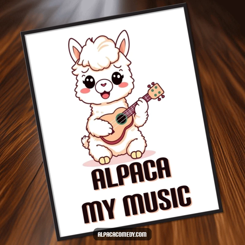 Funny Alpaca Digital Art Print: A cheerful alpaca plays a tiny ukulele, radiating happiness and musical talent in a vibrant artwork.