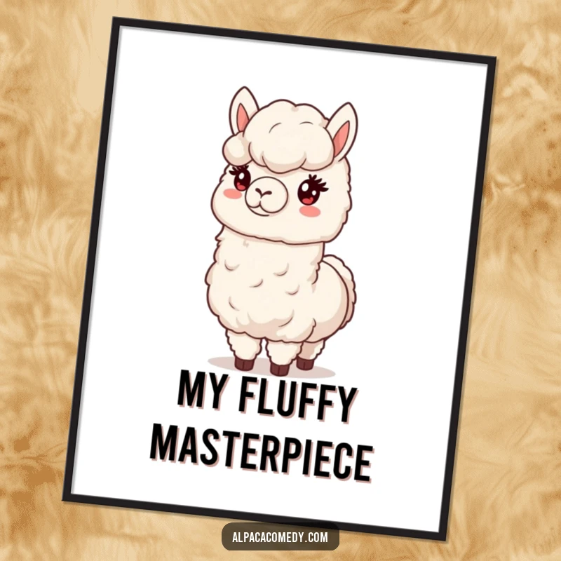 Funny digital art print of a friendly alpaca holding out a large, fluffy bundle of its soft wool, perfect for home decor.