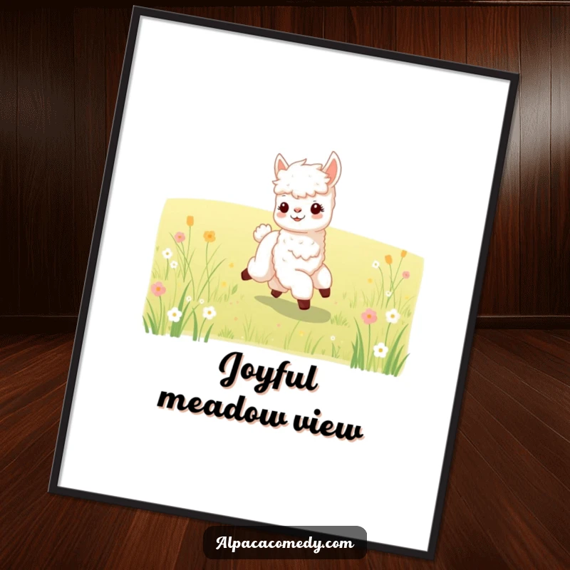 Funny digital art print of a cute baby alpaca joyfully prancing in a meadow, ideal for instant cheerful decor.