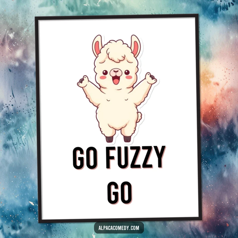 Funny digital art print of an alpaca character cheering with both front legs raised, embodying pure enthusiasm and celebratory spirit.