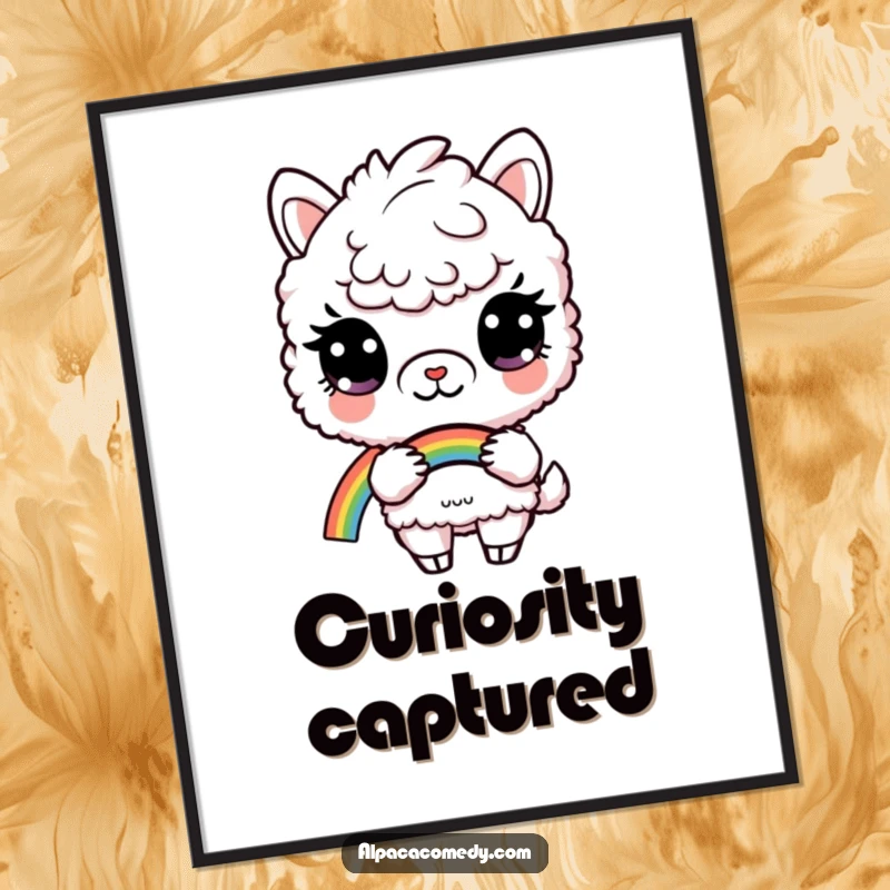 Funny digital art print of a curious alpaca holding a vibrant rainbow, ideal for instant magical and whimsical decor.