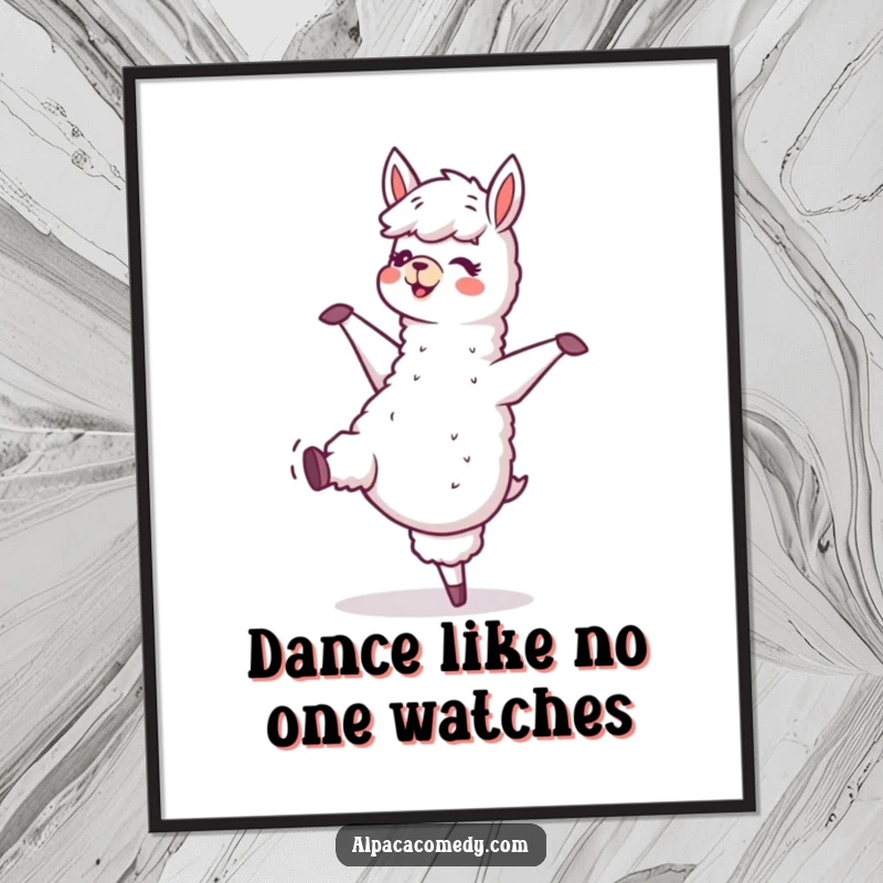 Funny digital art print of a ecstatic alpaca character dancing joyfully, hooves tapping rhythmically, perfect for vibrant wall decor.