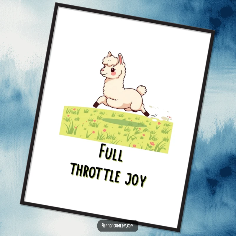 Funny digital art print of an energetic alpaca galloping with impressive speed across a vast green meadow, embodying pure exhilaration and motion.