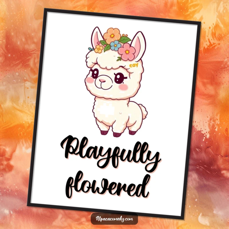 Funny digital art print of a playful alpaca wearing a flower crown, ideal for instant cute and floral decor.