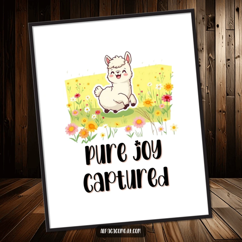Funny digital art print of a joyful alpaca rolling ecstatically in a vivid wildflower field, capturing pure, unbridled happiness and delight.