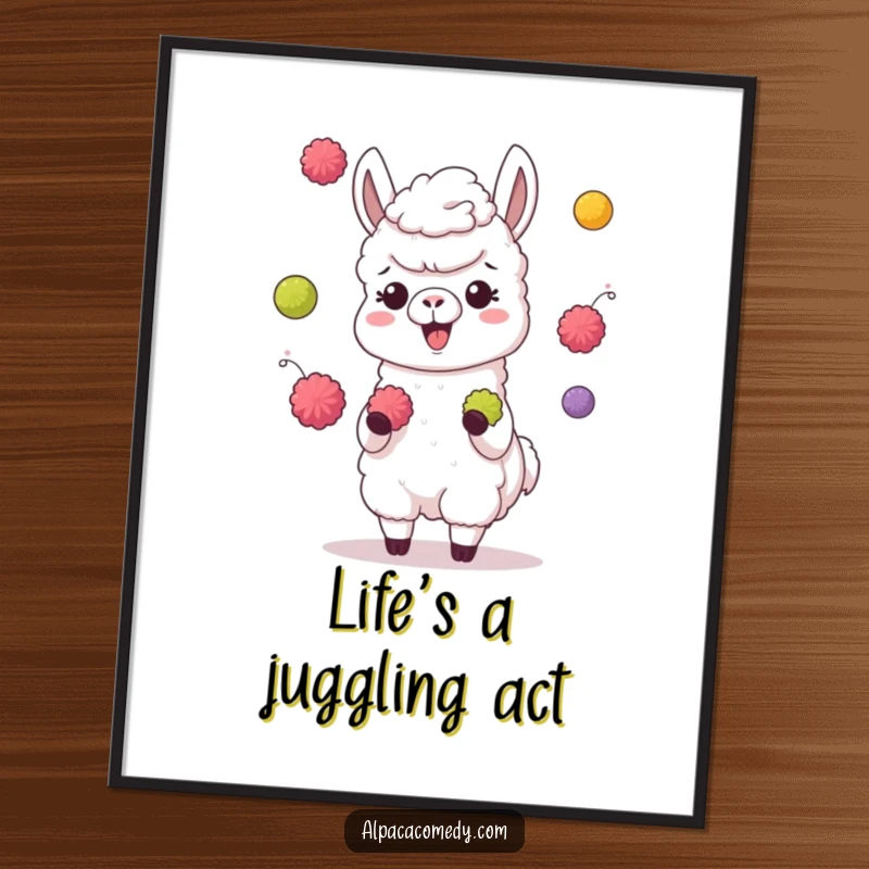 Funny digital art print of a giggling alpaca character juggling colorful pompoms with its hooves, radiating pure, silly joy.