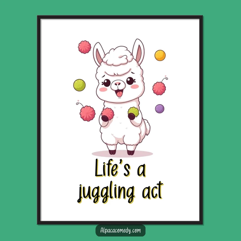 Funny Juggling Alpaca Digital Art: Giggling Character, Colorful Pompoms, Instant Gift