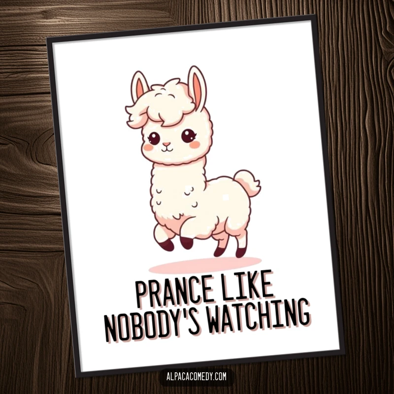 Funny Kawaii Alpaca Digital Art Print of a fluffy-maned alpaca prancing with pure delight, perfect for humorous digital decor.