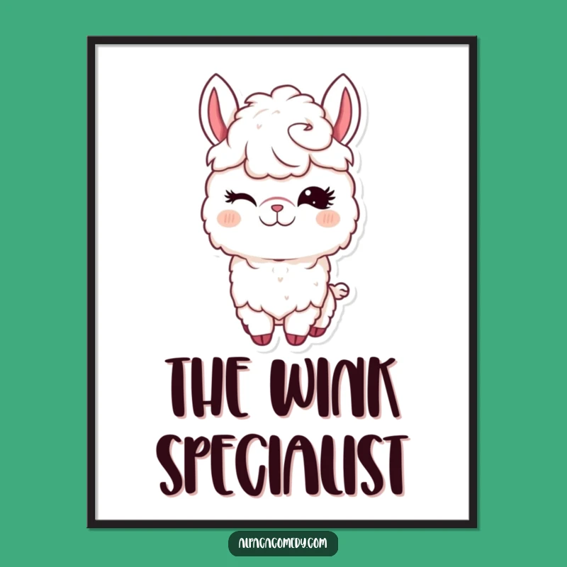 Funny Kawaii Alpaca Digital Art, Winking Charm Print, Adorable Cute Animal Funny Gift