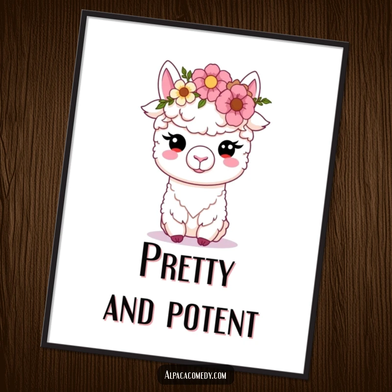 Funny Kawaii alpaca digital art print, happily balancing a flower crown with soft eyes, radiating tranquility and cuteness.