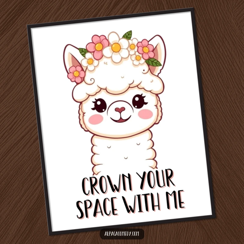 Funny Digital Art Print: High-resolution kawaii alpaca with soft eyes wearing a flower crown, peaceful and elegantly charming.