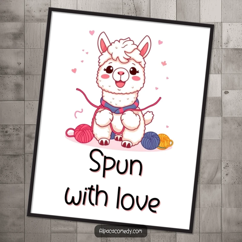 Funny Kawaii alpaca digital art print, enthusiastically sharing colorful yarn with friends, warm smile conveying genuine connection.