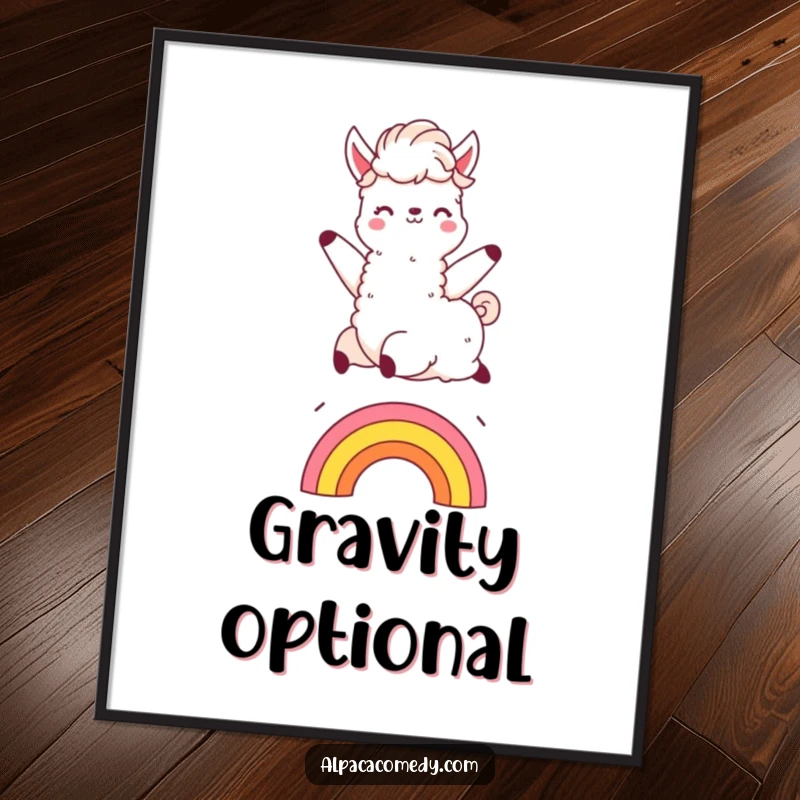 Funny Kawaii alpaca digital art print, gleefully leaping over a small rainbow with a fluffy mane flying, capturing pure happiness.