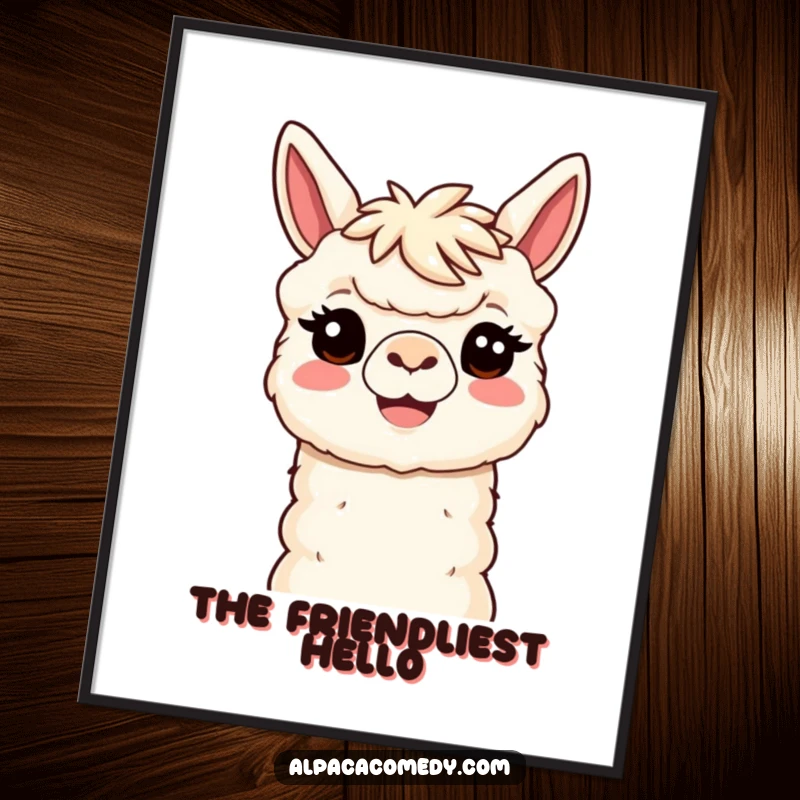 Funny Kawaii Alpaca Digital Art Print of a smiling alpaca with a welcoming head tilt, perfect for adding humorous and cheerful vibes digitally.