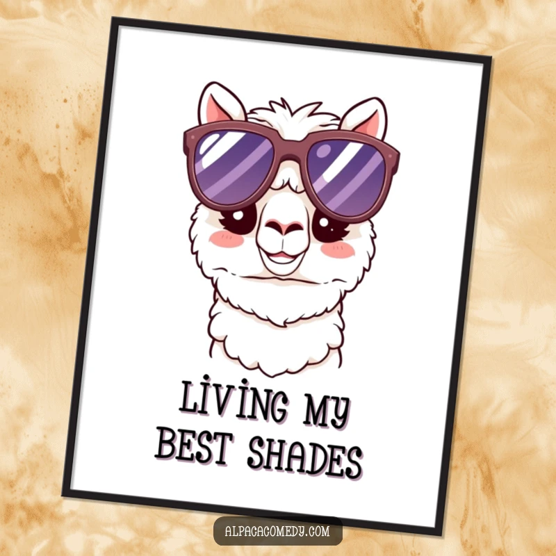 Funny Kawaii Alpaca Digital Art Print of a happy alpaca in cool oversized sunglasses, perfect for adding humorous and chill vibes digitally.