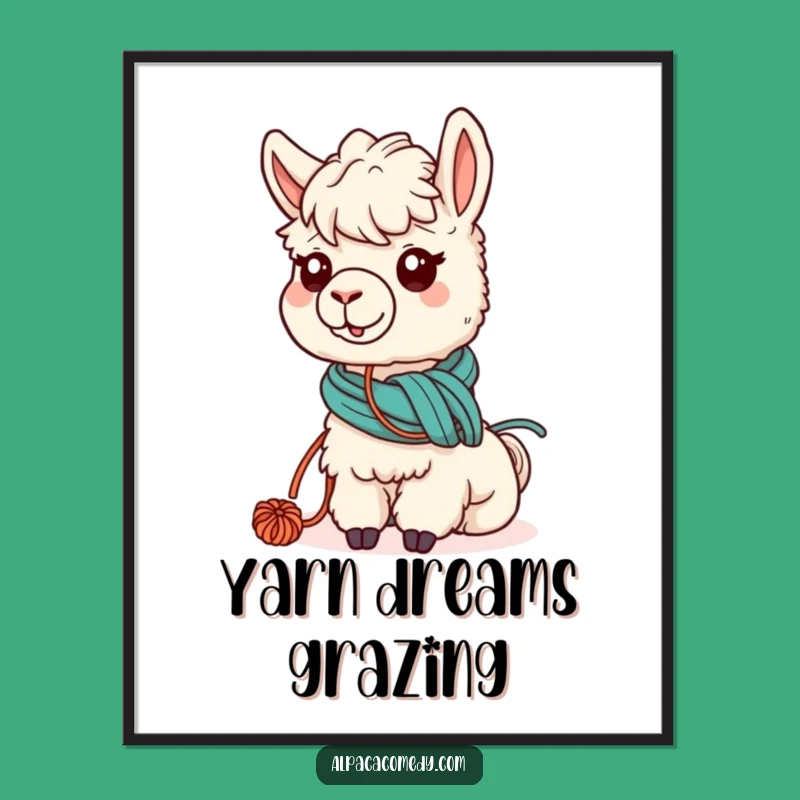 Funny Kawaii Alpaca Yarn Digital Art, Cute Grazing Alpaca Print Gift