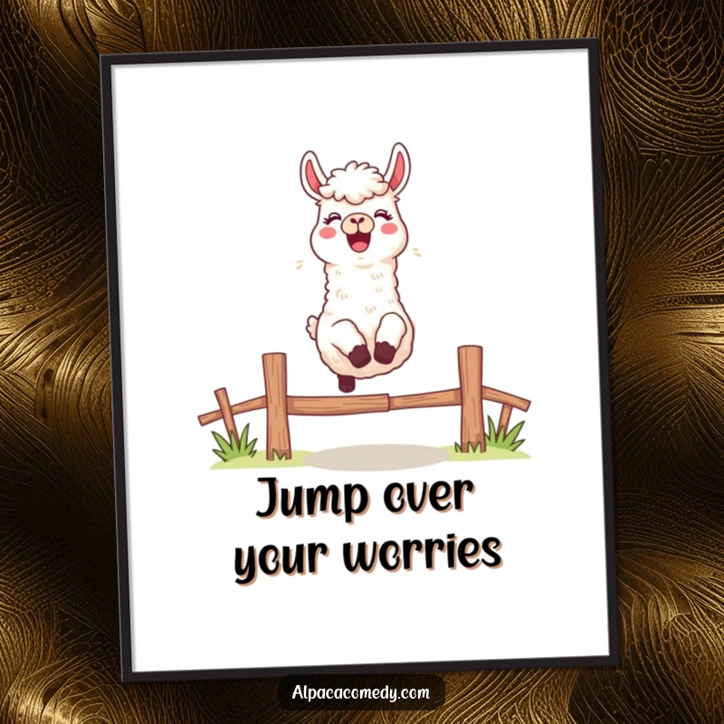 Funny digital art print of an excited alpaca character captured mid-leap over a fence, bleating cheerfully, radiating pure energy.