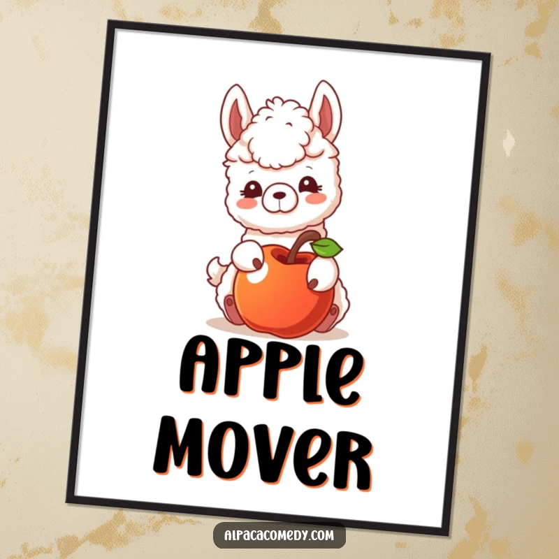 Funny digital art print of an alpaca character playfully nudging a rolling apple, embodying curiosity and a charming, gentle interaction.