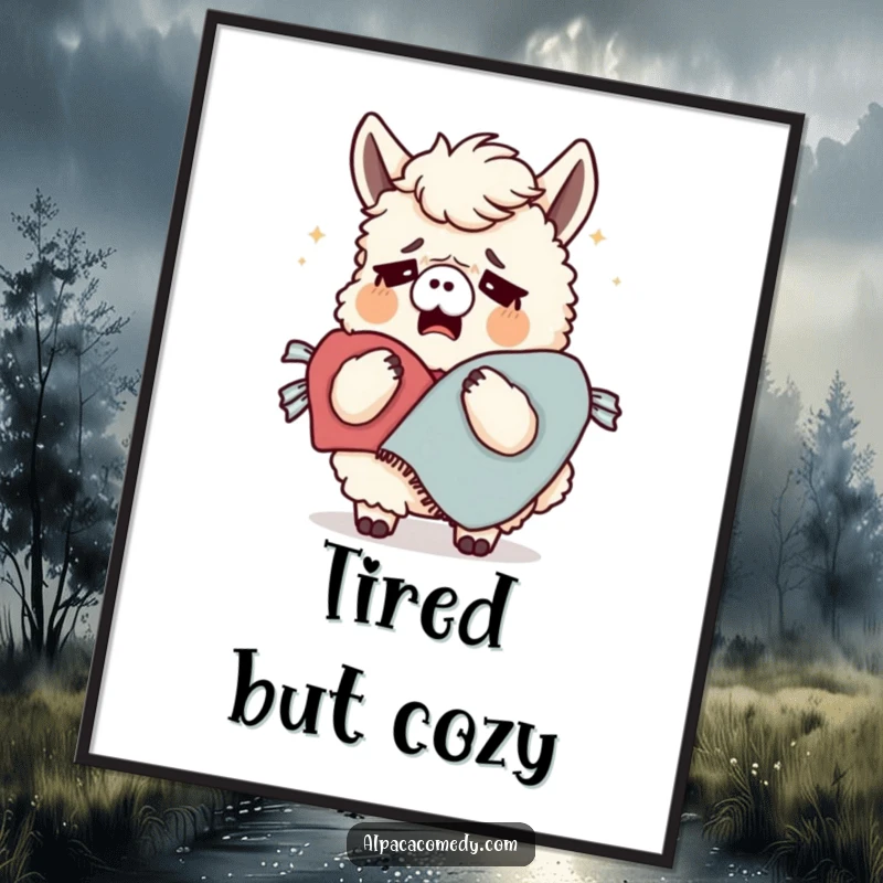Funny digital art print of a tired alpaca yawning widely, wrapped in a cozy blanket, embodying ultimate relaxation and a need for sleep.