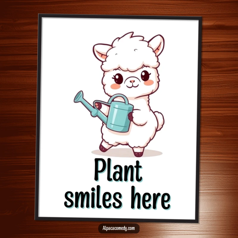 Funny digital art print of a grinning alpaca character carrying a tiny watering can, symbolizing growth and gentle, caring attention.
