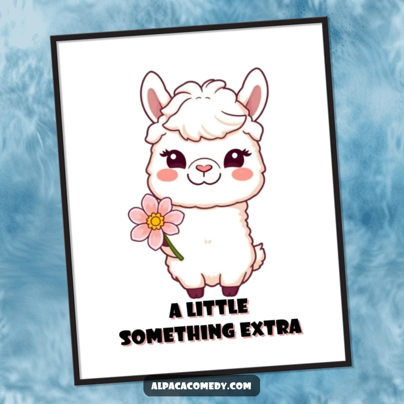 Funny digital art print of a winking alpaca character offering a bloom with a gentle smile, radiating pure, sweet charm.