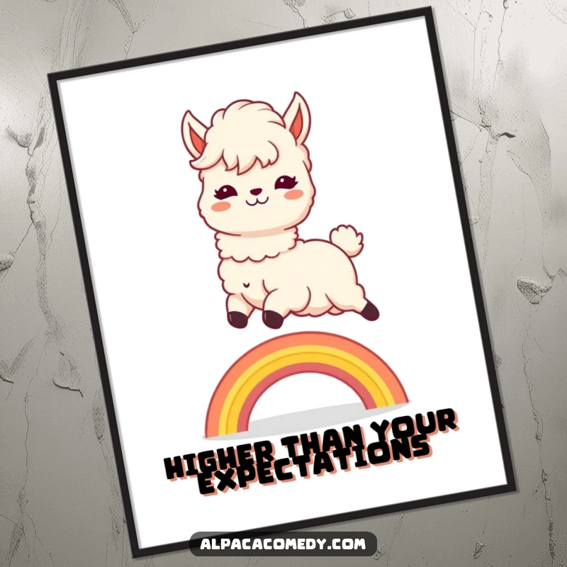Funny Digital Art Print: High-resolution kawaii alpaca joyfully leaping over a rainbow, vibrant colors, perfect for instant cheerful decor.