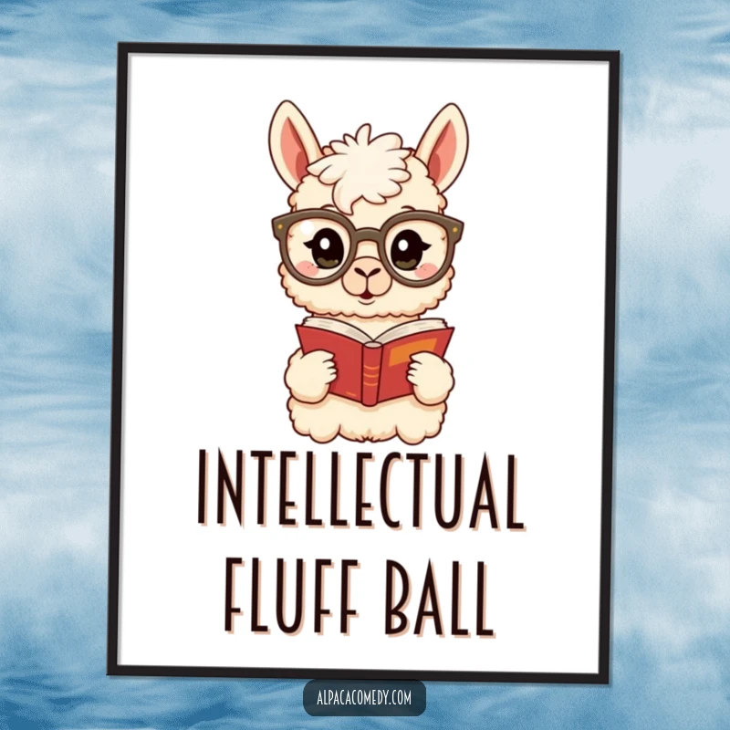 Funny Alpaca Digital Art Print: A surprised alpaca in oversized spectacles reads a book, offering intellectual charm and humorous wall decor.