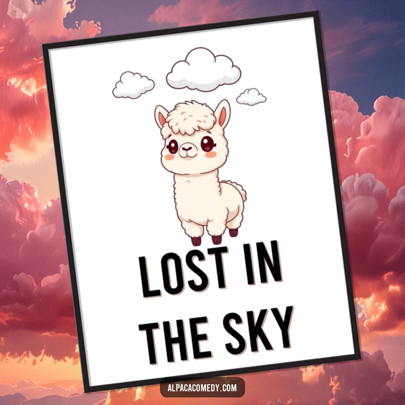 Funny Alpaca Digital Art Print: A whimsical alpaca with a funny, curious expression, observing fluffy clouds above.