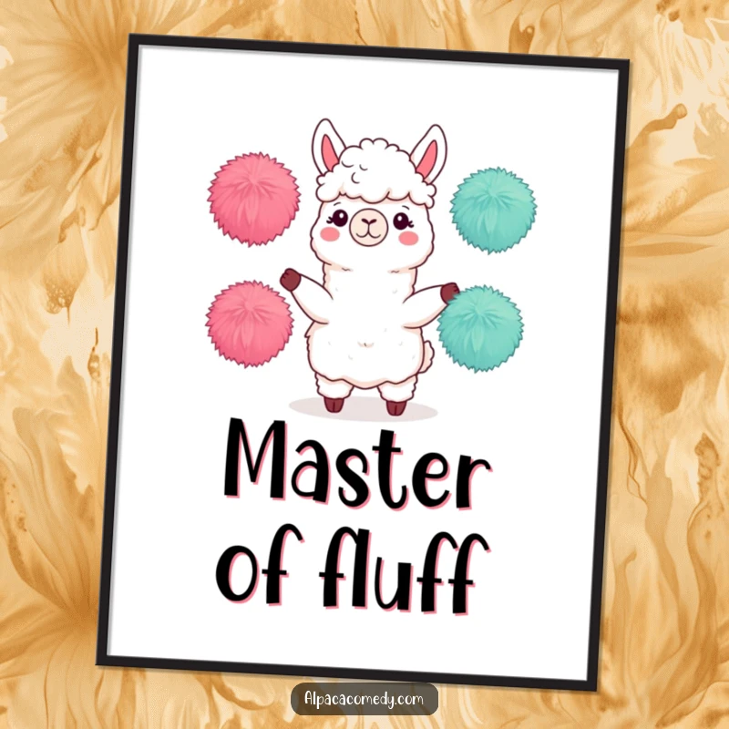 Funny digital art print of an alpaca character skillfully juggling three fuzzy pom-poms, a vibrant display of dexterity and charm.