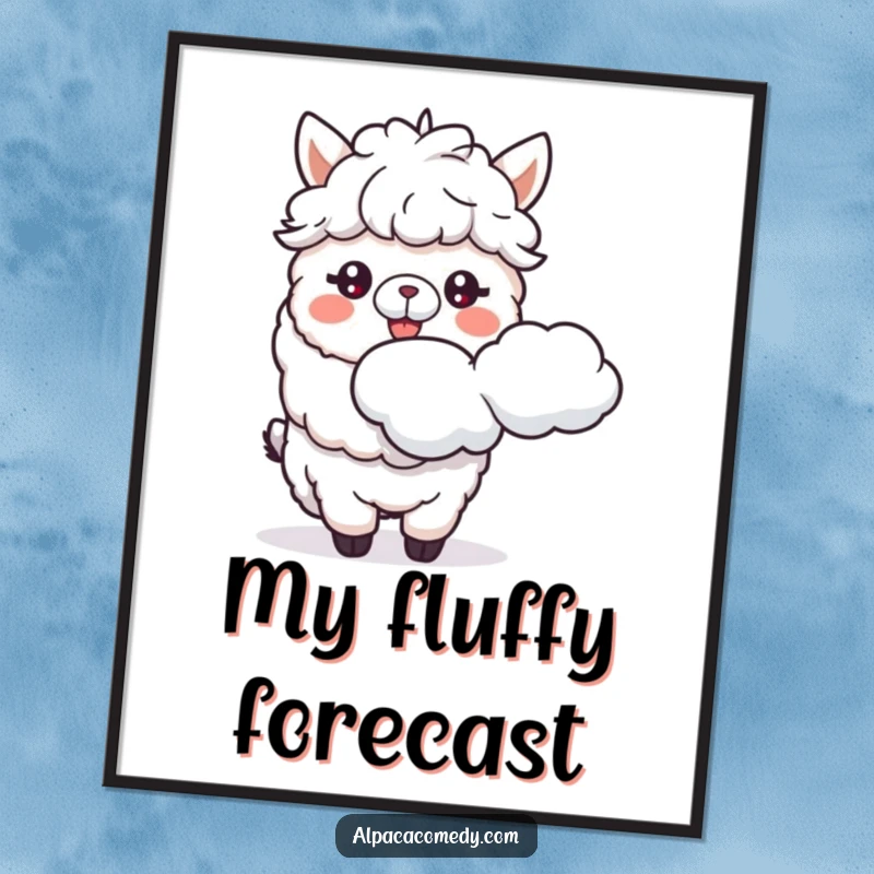 Funny digital art print of a happy alpaca spitting a fluffy cloud, perfect for instant whimsical wall decor.