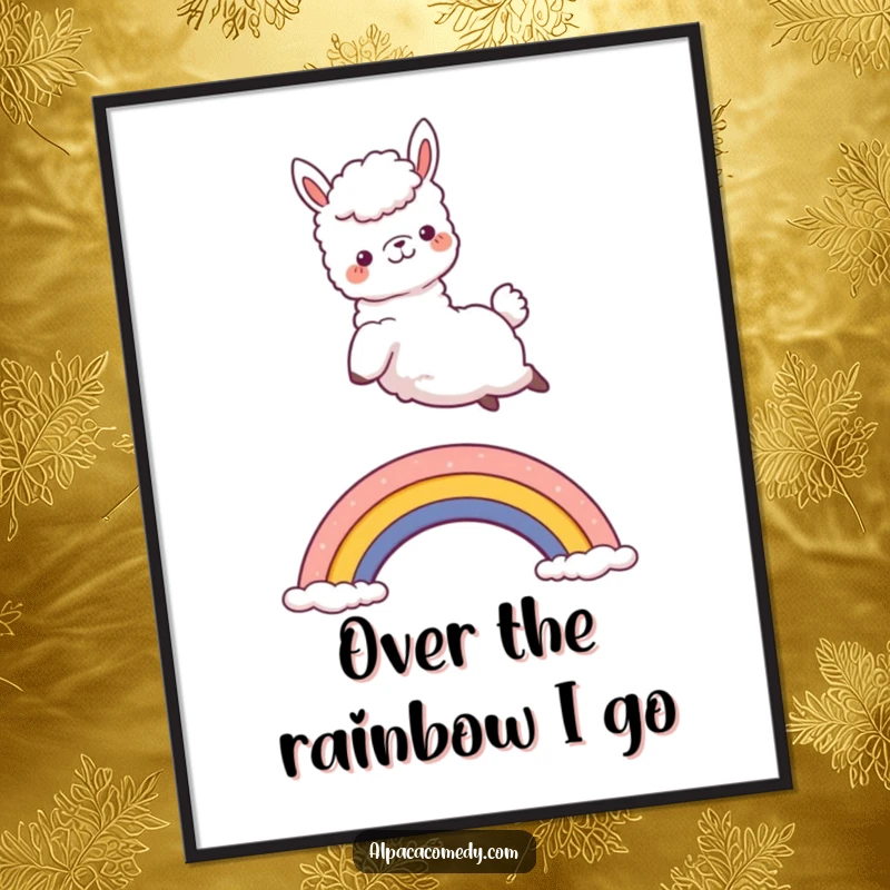 Funny Kawaii Alpaca Digital Art Print of a joyful alpaca leaping over a rainbow, perfect for adding humorous and delightful vibes digitally.
