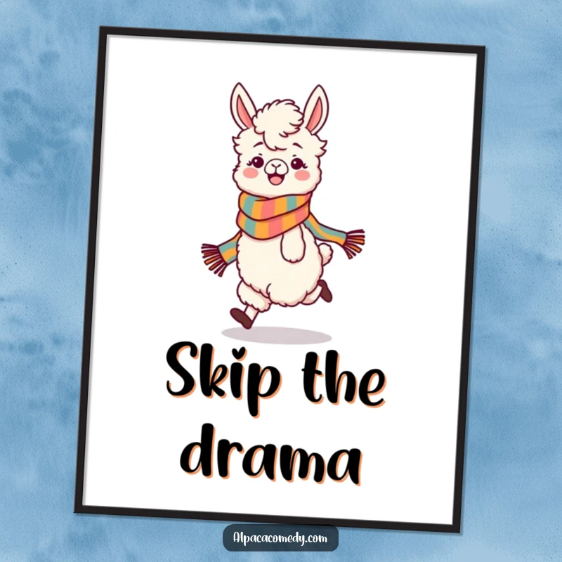 Funny digital art print of a playful alpaca character in a colorful scarf, skipping with unbridled glee, radiating pure happiness.