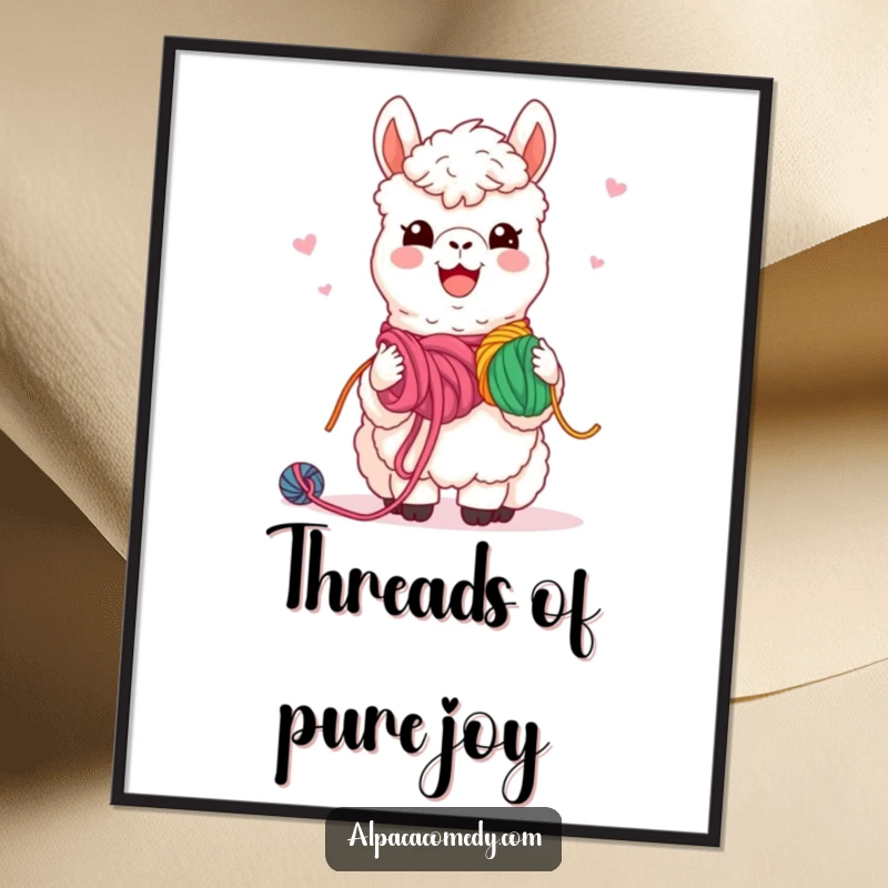 Funny Digital Art Print: High-resolution kawaii alpaca sharing colorful yarn with friends, a heartwarming scene of connection.