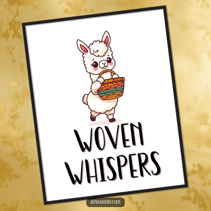 Funny digital art print of a happy alpaca character carrying a detailed, brightly colored woven basket, ready to adorn any wall.