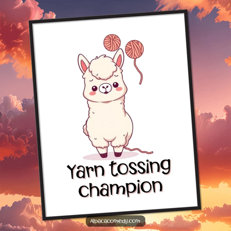 Funny Kawaii Alpaca Digital Art Print of a playful alpaca tossing yarn, perfect for adding humorous and delightful vibes digitally.