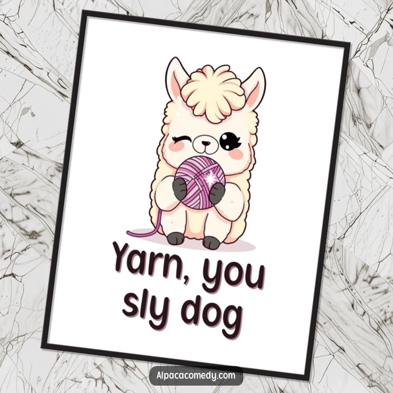 Funny digital art print: A charming alpaca character winks while holding a miniature, sparkling ball of yarn, perfect for playful decor.