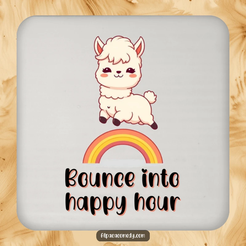 Funny Coaster: Cute kawaii alpaca leaping over a rainbow, guarding your surfaces with adorable, humorous flair.