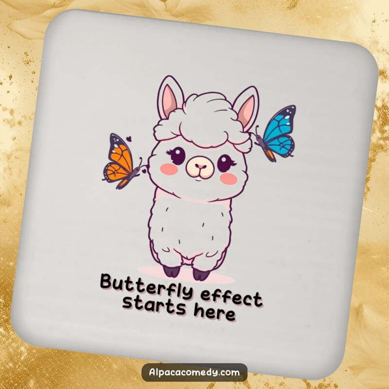 Funny Alpaca Coasters: An alpaca with a funny, surprised expression meeting a beautiful, fluttering butterfly.