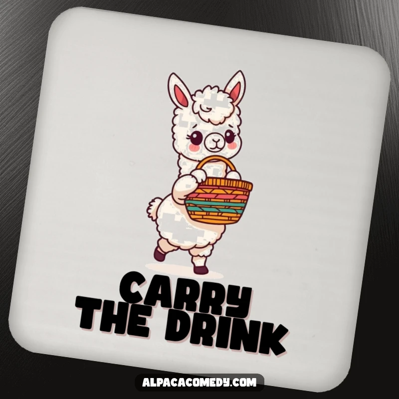 Funny drink coasters featuring a detailed image of an alpaca character holding a vibrant woven basket, adding color to tabletops.