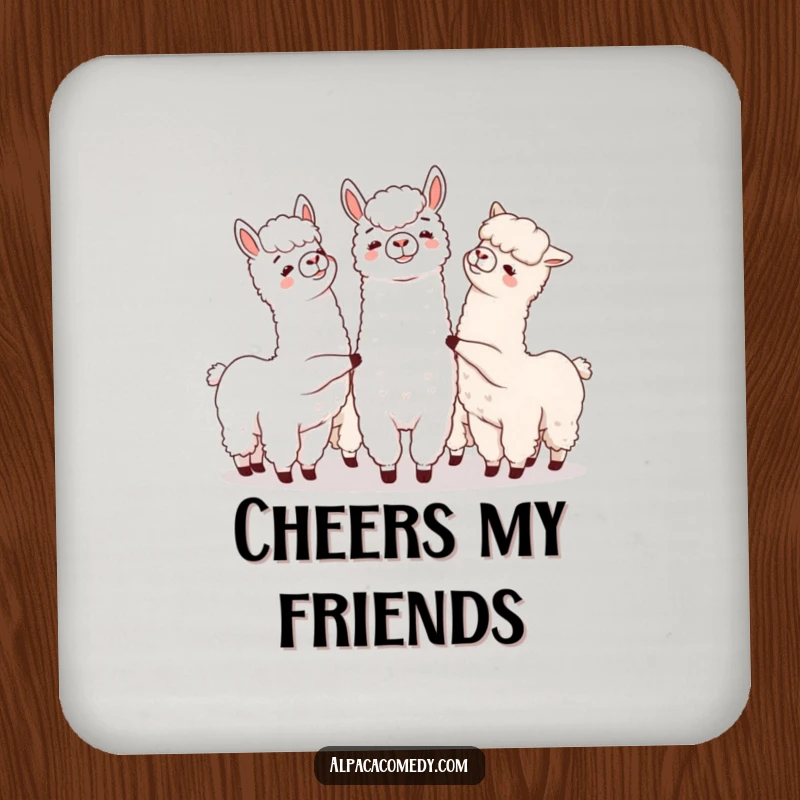 Funny drink coaster featuring a group of alpacas playfully nudging each other, perfect for protecting surfaces with charm.