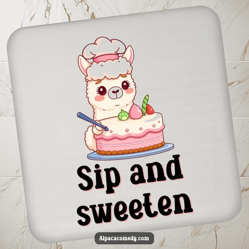Funny drink coasters featuring a chef alpaca hat character decorating a pastel cake, perfect for adding a sweet touch to tables.