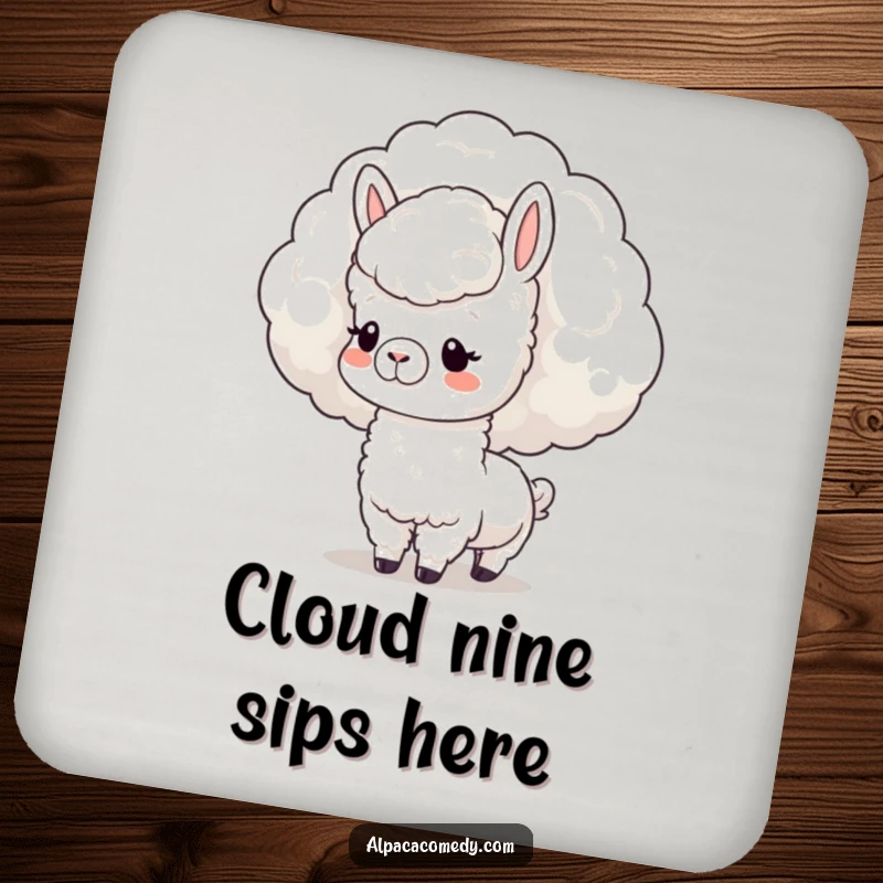 Funny Coaster: Cute kawaii alpaca nuzzling a fluffy cloud, protecting surfaces with adorable, dreamy flair.