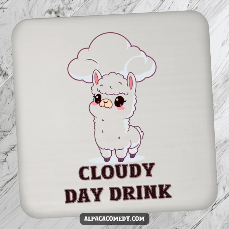 Funny drink coasters featuring a curious alpaca character looking at a fluffy cloud, adding a whimsical touch to tables.