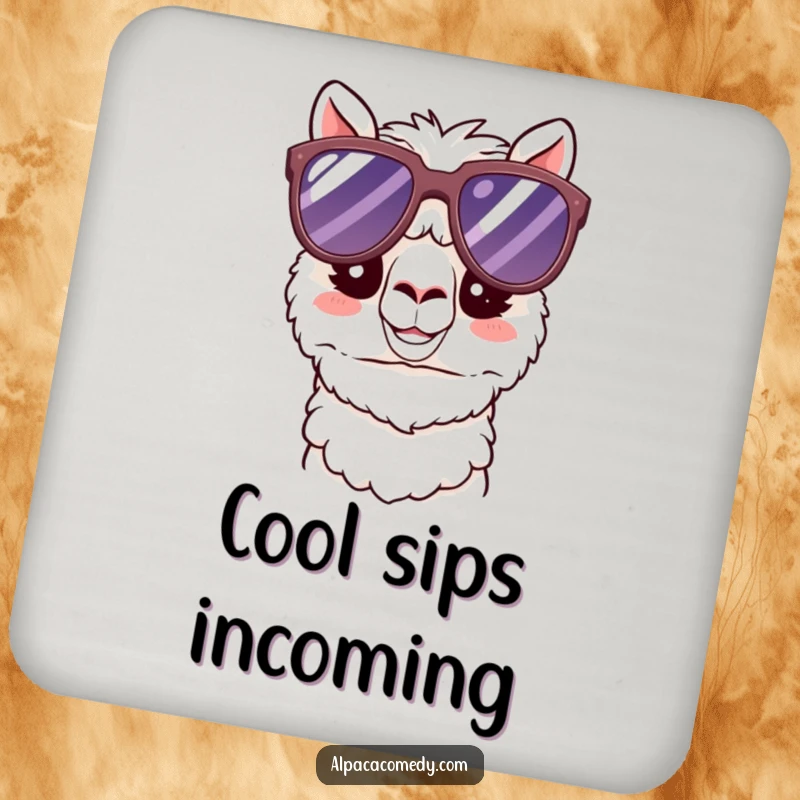 Funny Kawaii Alpaca Coaster featuring a happy alpaca in cool oversized sunglasses, adding humorous protection to drink surfaces.