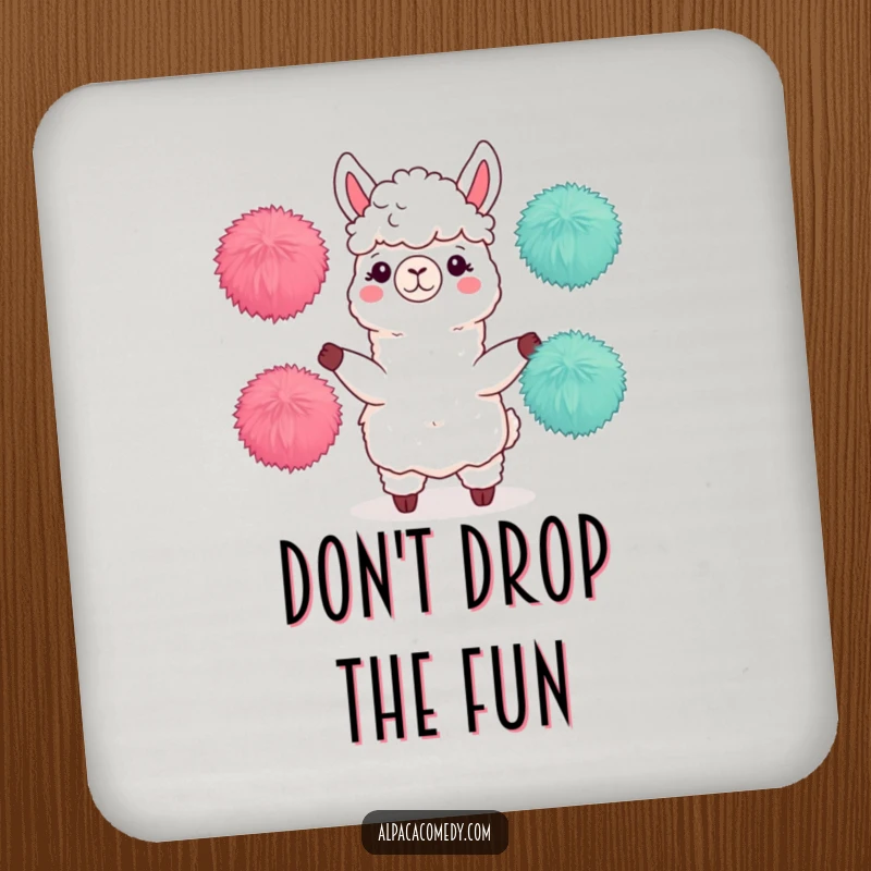 Funny drink coaster showcasing an alpaca character expertly juggling three fuzzy pom-poms, a delightful addition to any table.