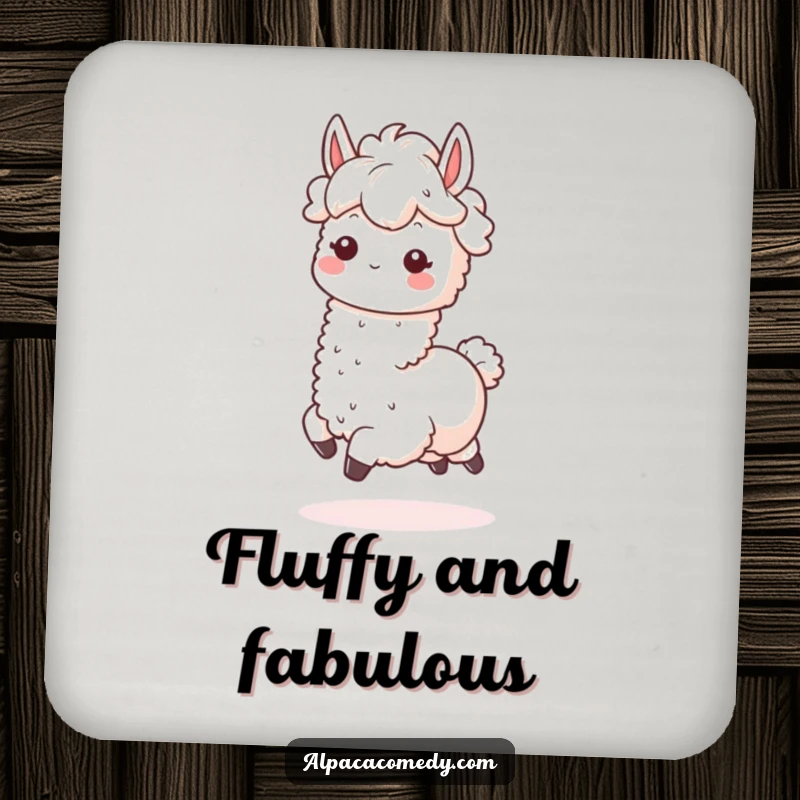 Funny Kawaii Alpaca Drink Coaster featuring a fluffy-maned alpaca prancing, protecting tabletops with style and humor.
