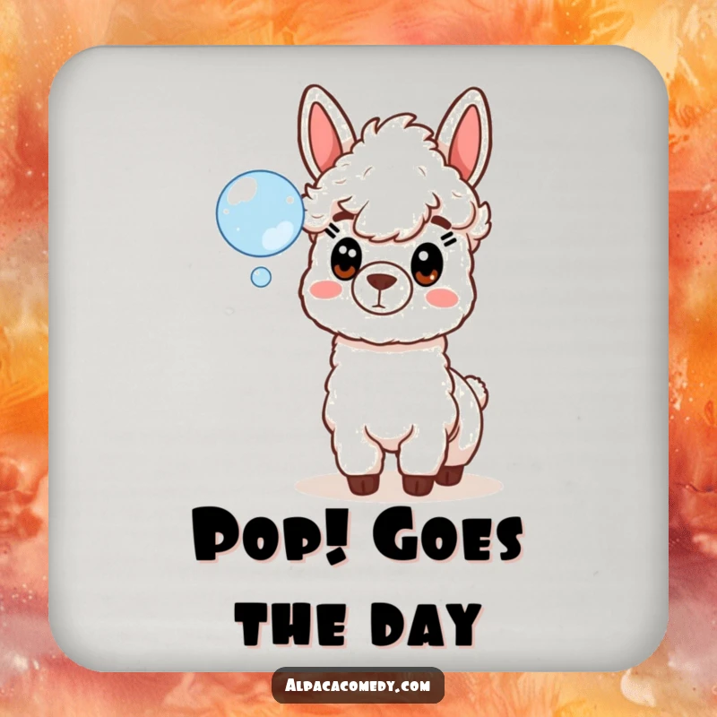 Funny drink coaster featuring a comically surprised alpaca mesmerized by a floating soap bubble, perfect for protecting tables.