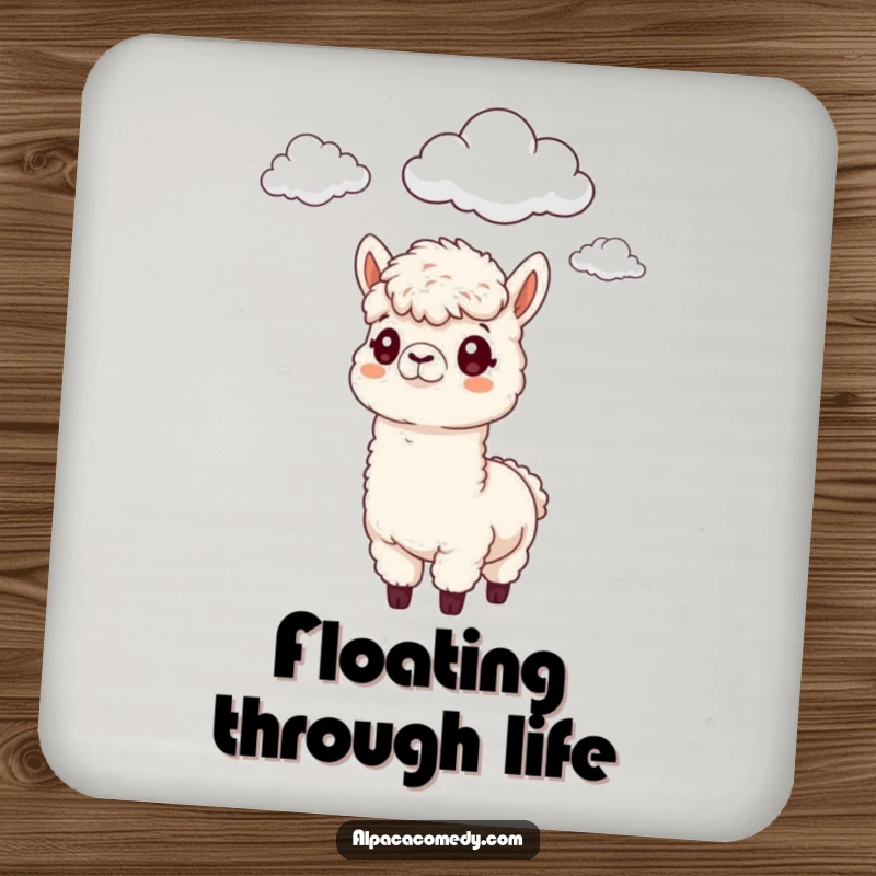 Funny Alpaca Coasters: An alpaca with a funny, curious gaze looking up at fluffy clouds.