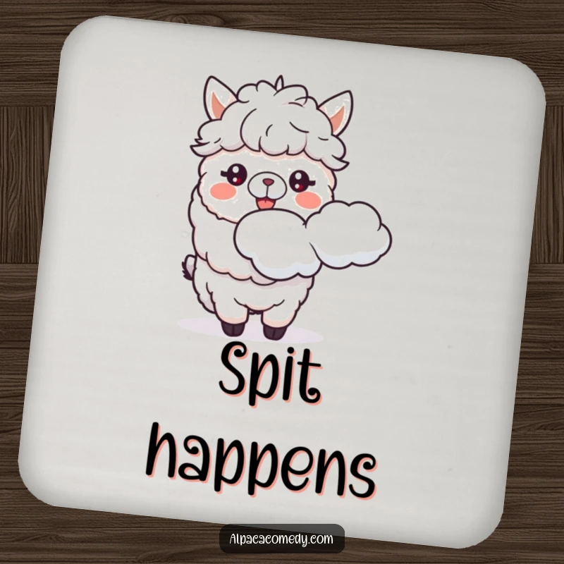 Funny drink coaster featuring a happy alpaca spitting a fluffy cloud, offering surface protection with a humorous touch.